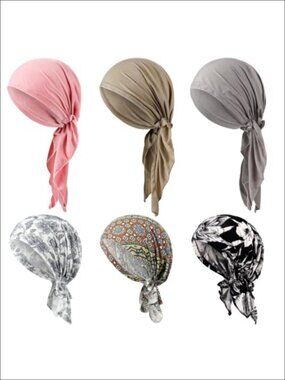 Womens Pre-Tied Head Scarves 6 Pc Slip On Chemo Headwear Polyester